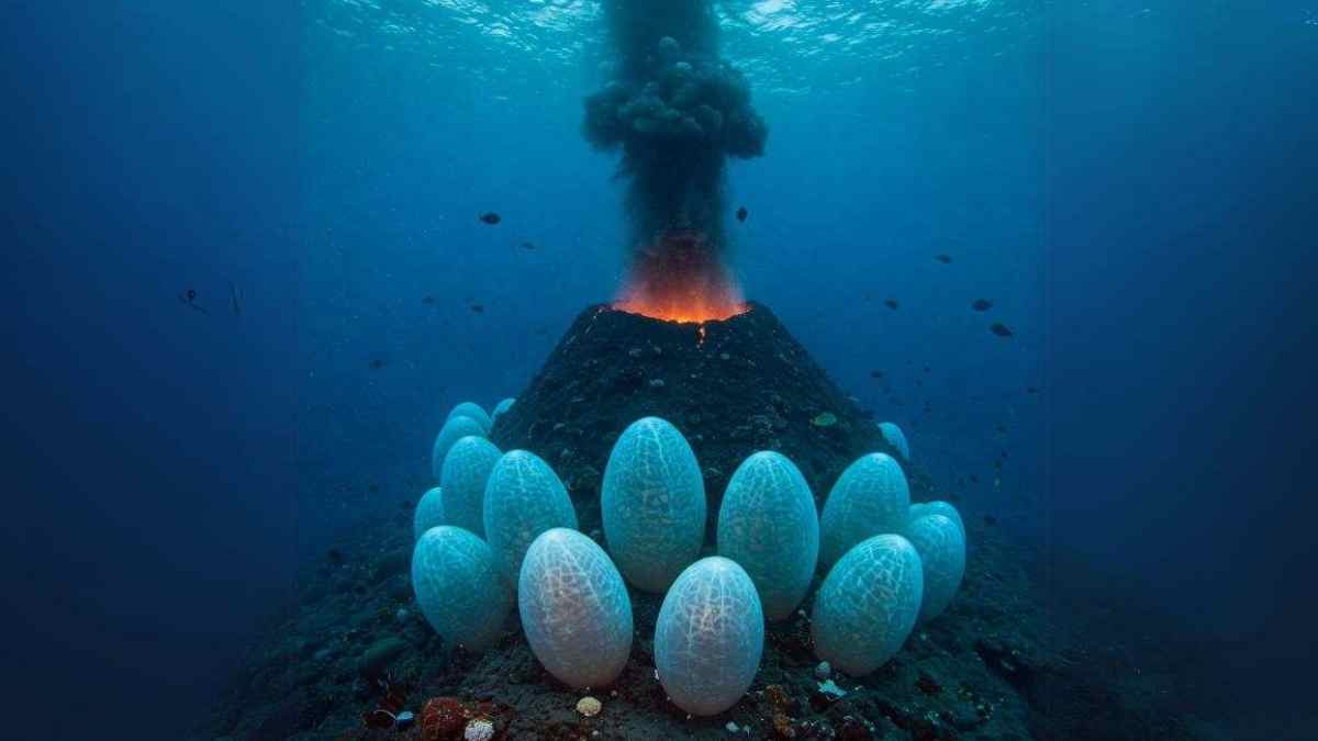 Huevos gigantes de 50 centímetros rodean un volcán submarino activo.