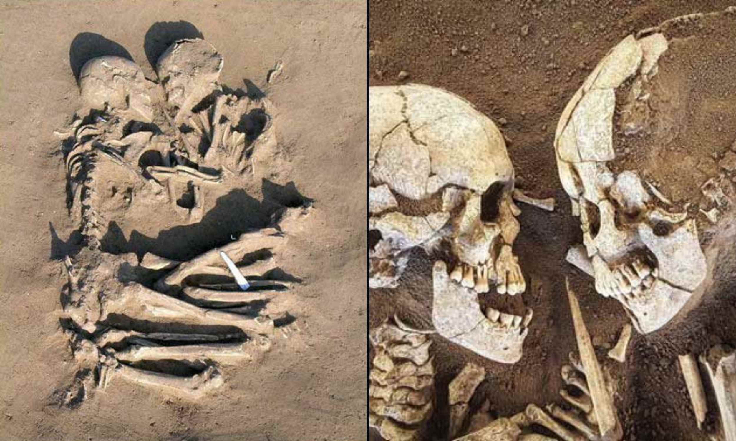 Esqueletos de los Amantes de Valdaro abrazados en posición frontal, hallazgo arqueológico neolítico en Mantua, Italia
