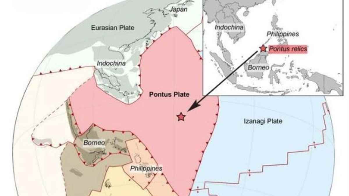 Mapa de la placa tectónica Ponto descubierta bajo el Pacífico occidental entre Japón, Filipinas y Borneo.