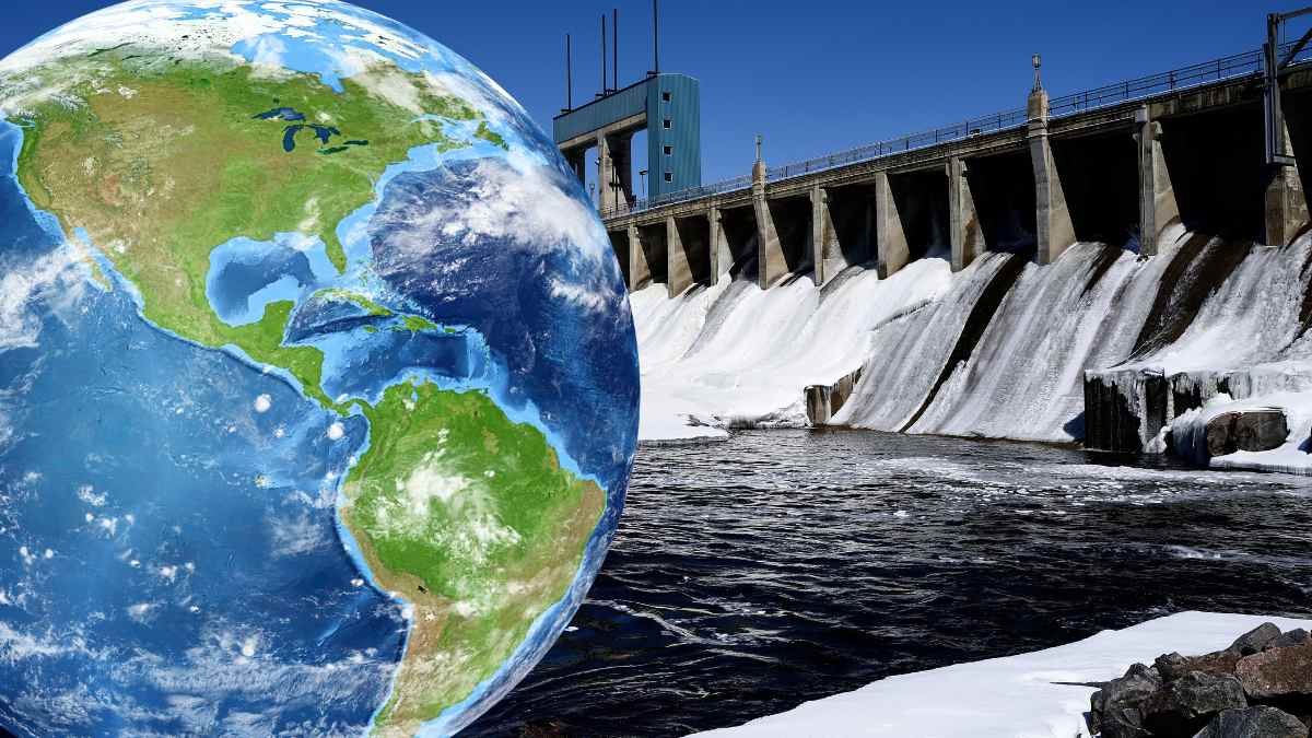 Ilustración del planeta Tierra junto a una presa, simbolizando cómo las presas alteran el eje de rotación terrestre.