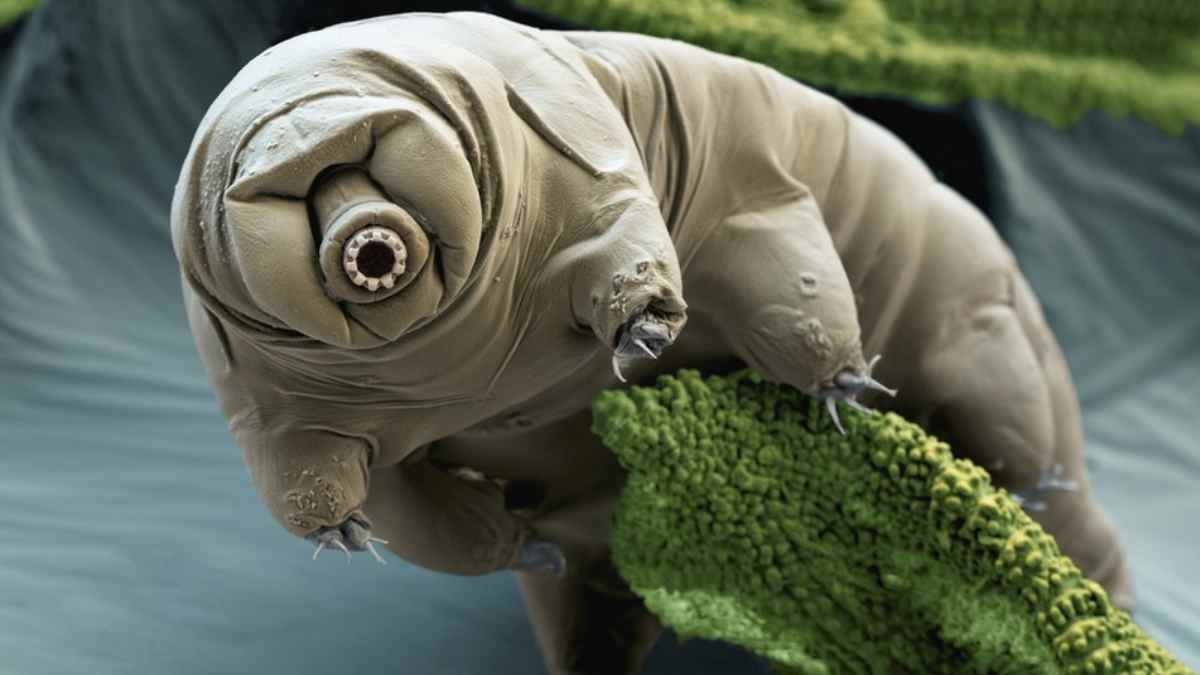 Tardígrado microscópico sobre musgo, el animal más resistente que sobrevive al vacío del espacio.