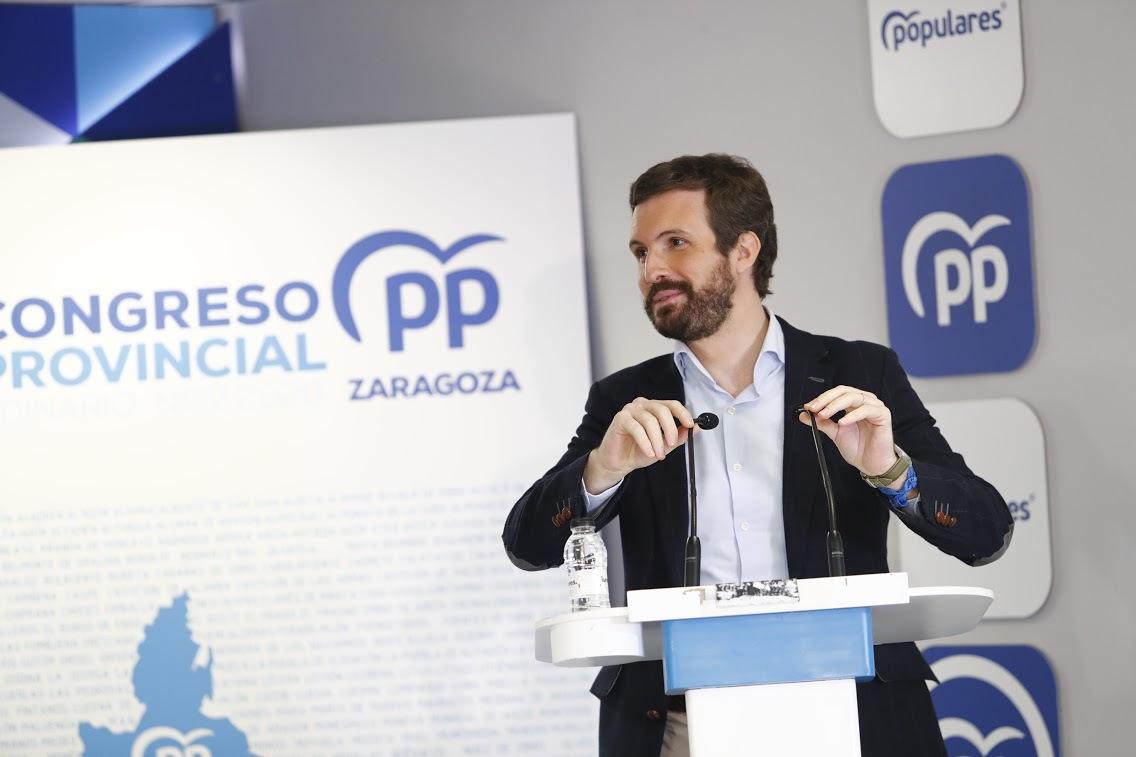 El líder del PP, Pablo Casado, interviene en el acto de clausura del 17º Congreso Provincial del PP de Zaragoza, en Zaragoza, Aragón, (España), a 14 de noviembre de 2020.