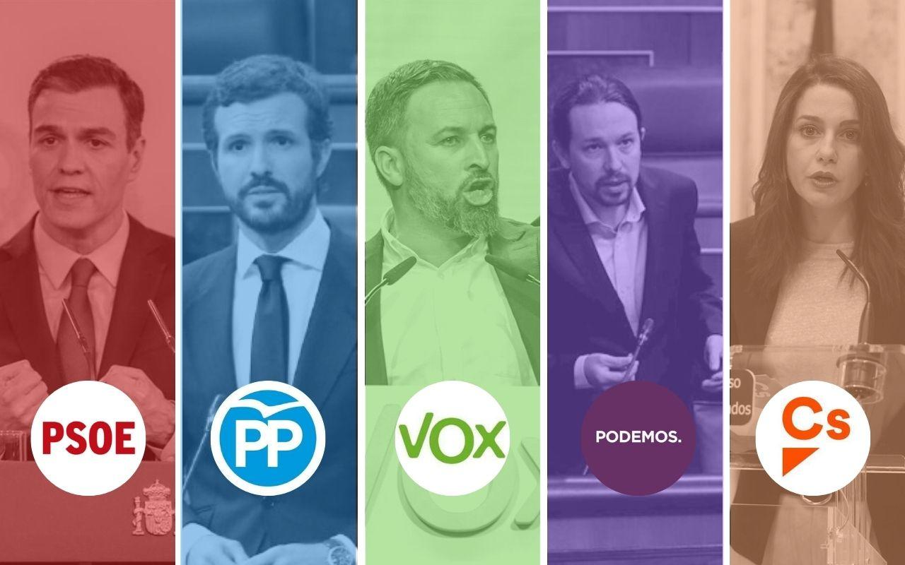 Líderes: Pedro Sánchez (PSOE), Pablo Casado (PP), Santiago Abascal (Vox), Pablo Iglesias (Podemos), Inés Arrimadas (Ciudadanos)