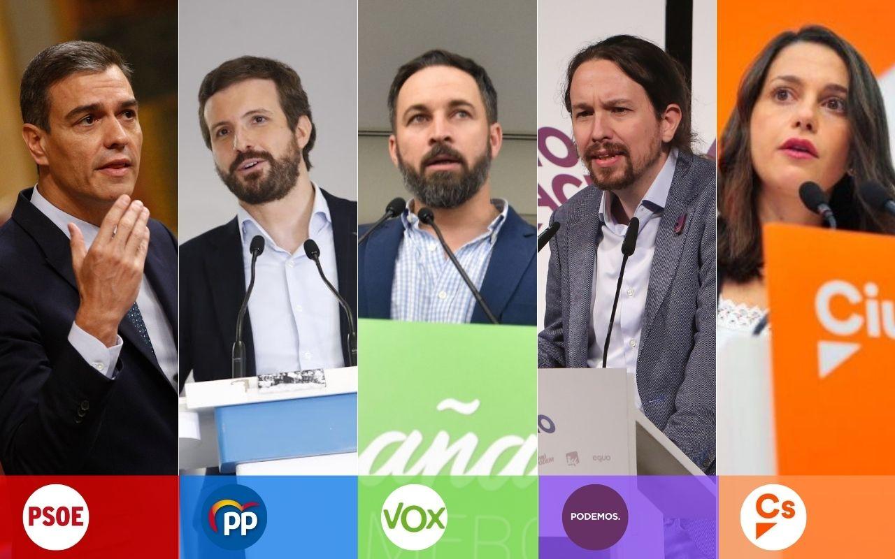 Líderes: Sánchez (PSOE), Casado (PP), Abascal (Vox), Iglesias (Podemos) y Arrimadas (Ciudadanos)