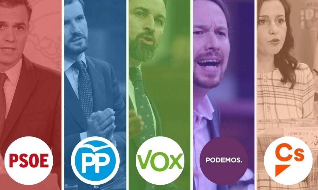 Líderes: Sánchez (PSOE), Casado (PP), Abascal (Vox), Iglesias (Podemos) y Arrimadas (Ciudadanos)