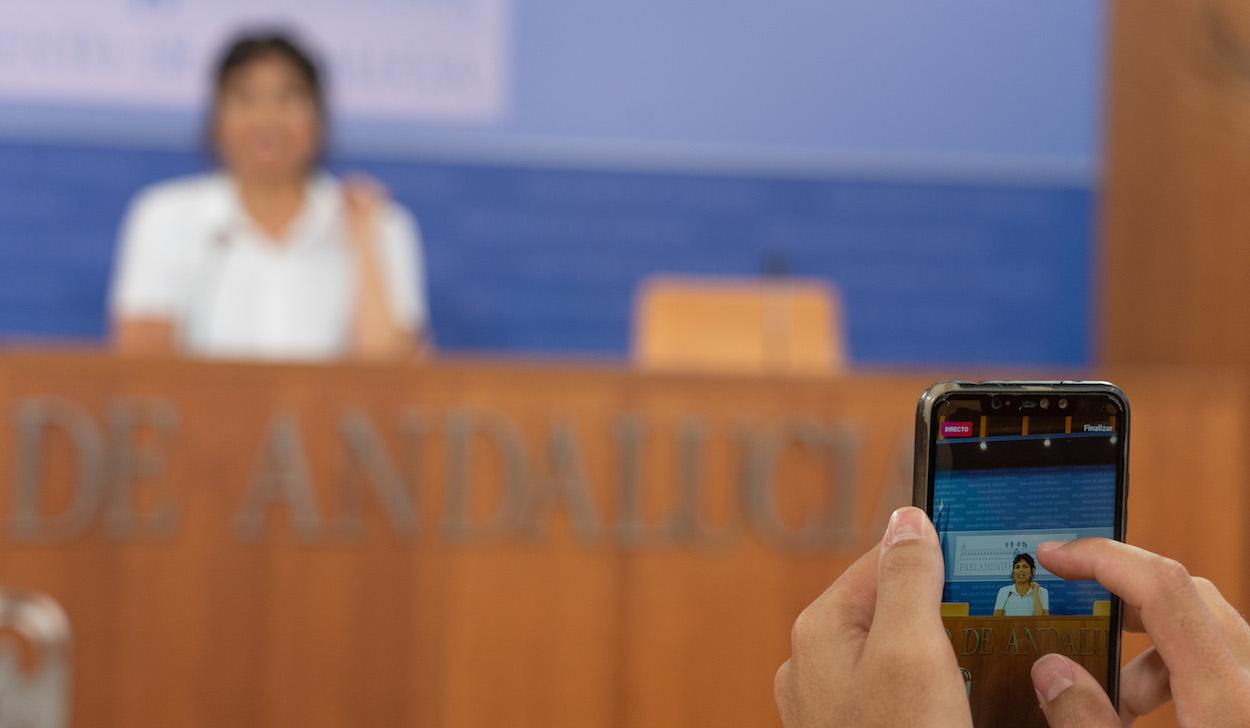 Teresa Rodríguez, en una rueda de prensa en el Parlamento. MARÍA JOSÉ LÓPEZ/EP