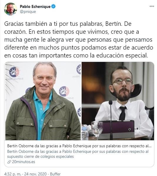 Pablo Echenique responde al agradecimiento de Bertín Osborne
