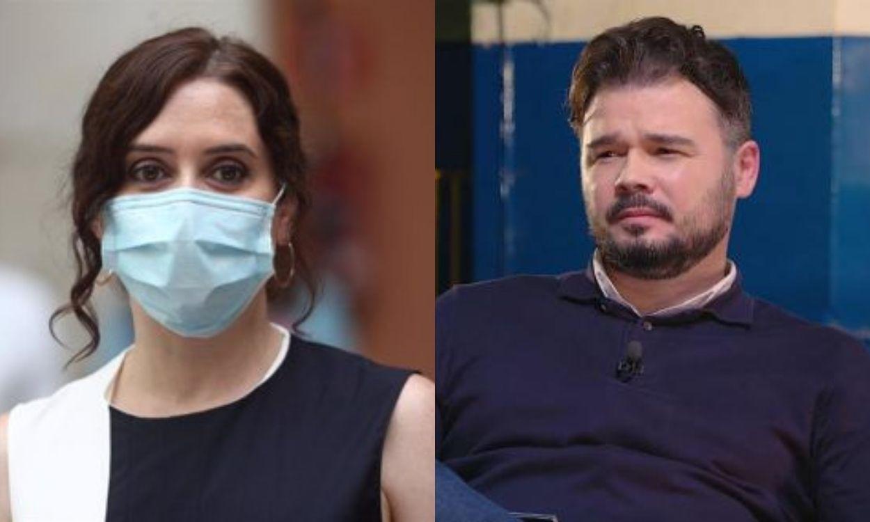 La presidenta de la Comunidad de Madrid, Isabel Díaz Ayuso, y el portavoz de ERC en el Congreso, Gabriel Rufián. 