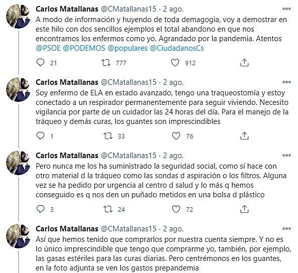 Tuit de Carlos Matallanas de agosto pasado denunciando la situación de los enfermos de ELA.