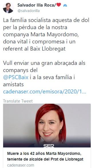 Mensaje de Salvador Illa sobre la muerte de Marta Mayordomo Mensaje de Salvador Illa sobre la muerte de Marta Mayordomo