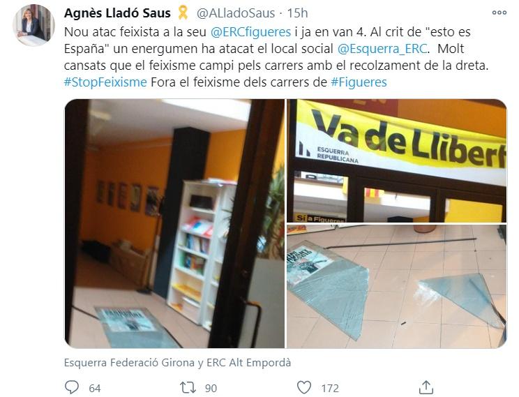 Mensaje Agnès Lladó sobre el ataque a la sede de ERC en Figueres