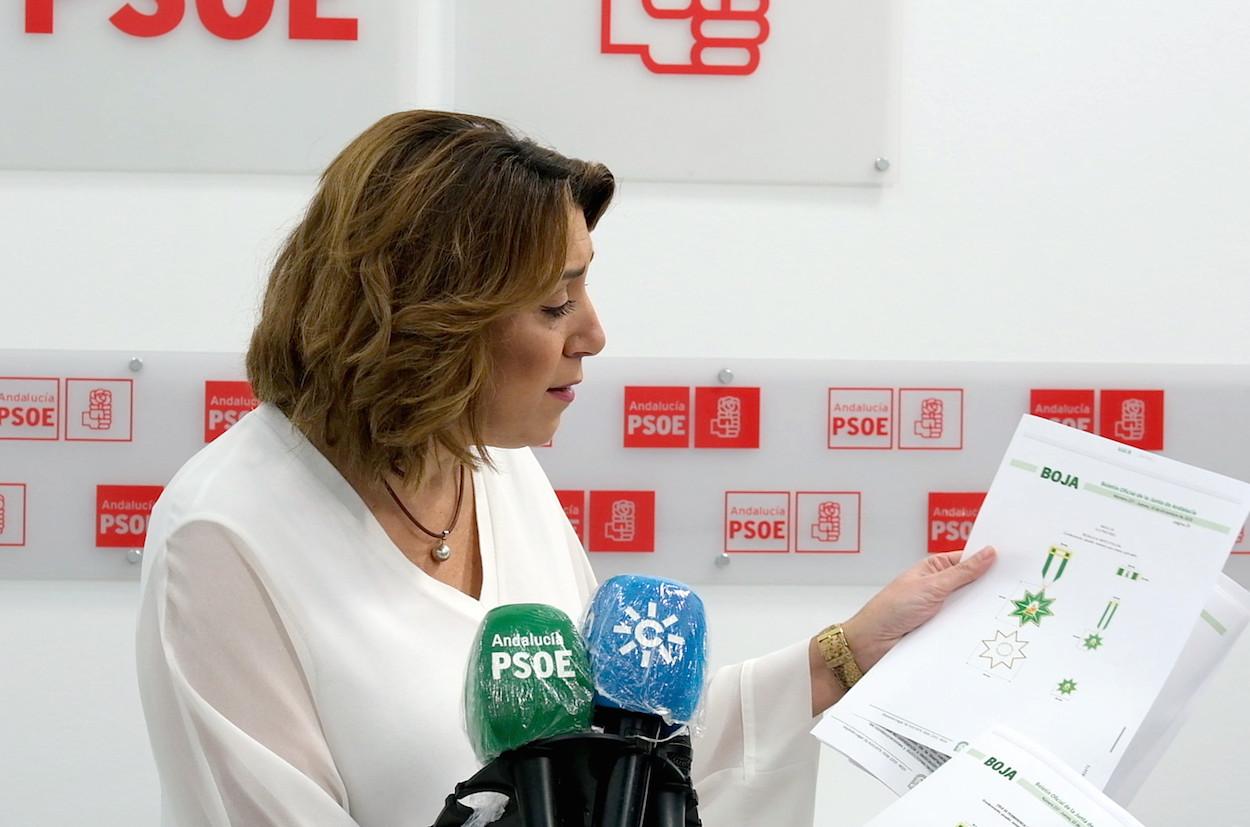 Susana Díaz, en la rueda de prensa este viernes en la sede del PSOE-A.