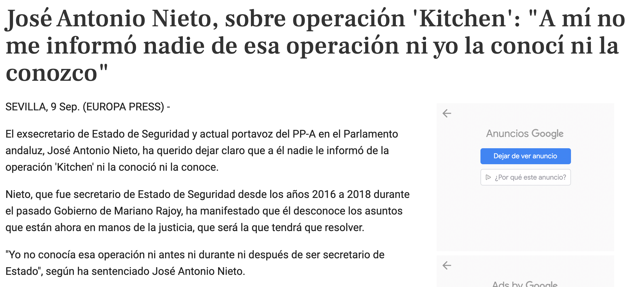 Noticia Europa Press Andalucía sobre José Antonio Nieto. EP Noticia Europa Press Andalucía sobre José Antonio Nieto. EP
