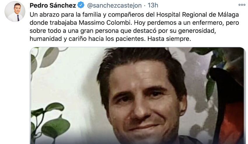 Tuit de Pedro Sánchez dando el pésame a Massimo Colombi