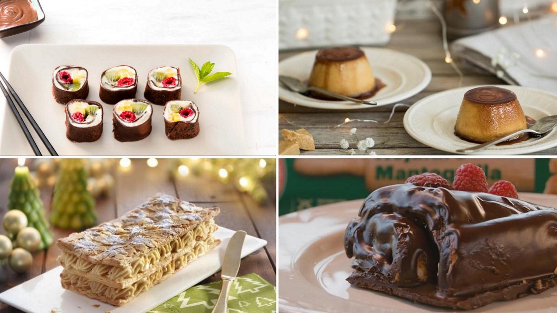 Algunas de las recetas seleccionadas para los postres de Navidad: makis dulces, flan de turrón, milhojas con crema de turrón y tronco de Navidad.