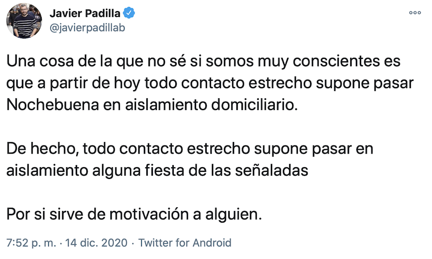 Tuit de un médico con la advertencia sobre contactos directos Tuit de un médico con la advertencia sobre contactos directos