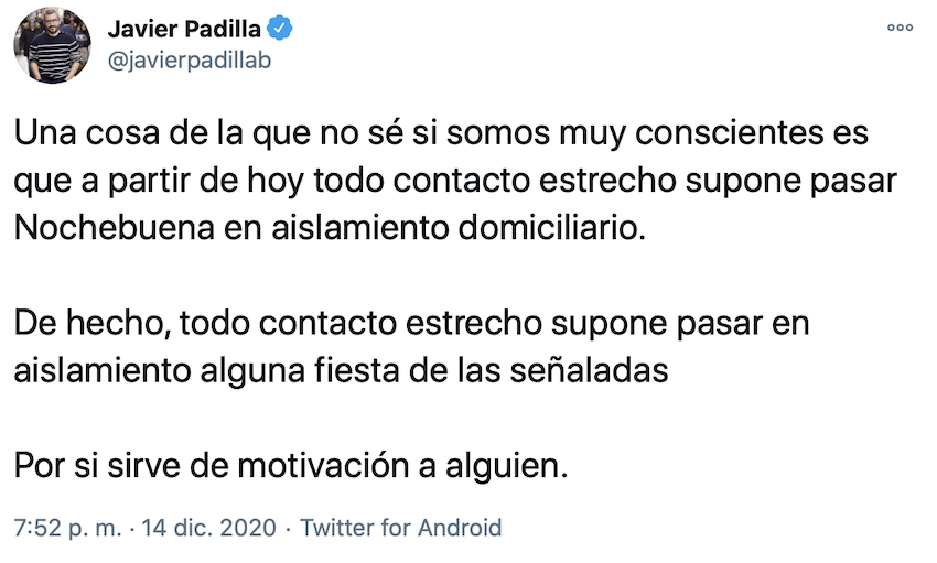 Tuit de un médico con la advertencia sobre contactos directos