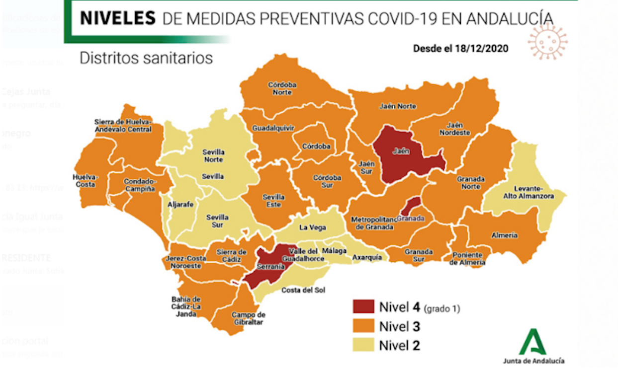 Mapa de los niveles de riesgo en los distritos sanitarios andaluces.