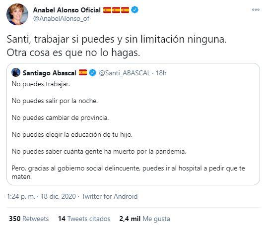 Tuit de Anabel Alonso respondiendo a la crítica de Abascal
