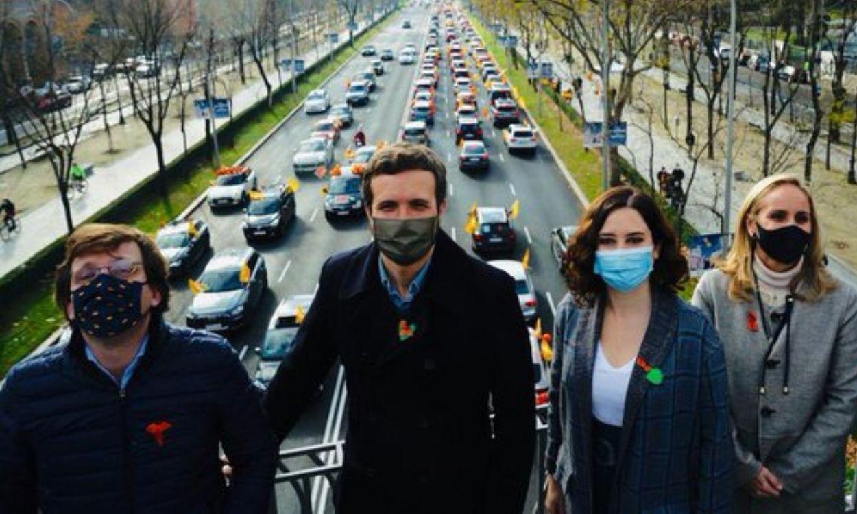 José Luis Martínez Almeida, Pablo Casado e Isabel Díaz Ayuso en la manifestación contra la Ley Celaá en Madrid. Fuente: PP