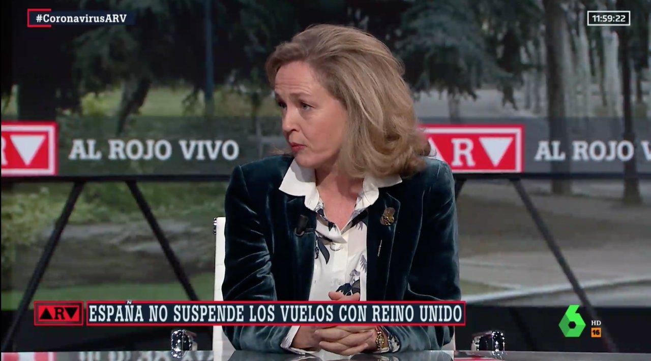 La vicepresidenta económica Nadia Calviño en una entrevista en Al Rojo Vivo (LaSexta)