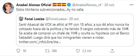 Tuit Anabel Alonso sobre Abascal