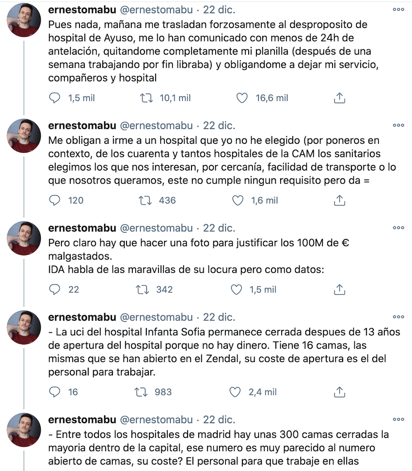 Hilo de Twitter enfermero dimite del Zendal Hilo de Twitter enfermero dimite del Zendal