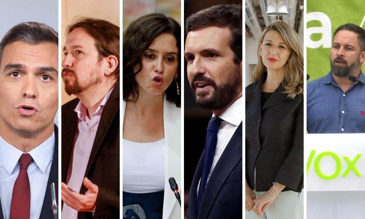 Pedro Sánchez, Pablo Iglesias, Isabel Díaz Ayuso, Pablo Casado, Yolanda Díaz y Santiago Abascal.