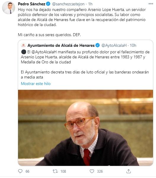Mensaje de Pedro Sánchez por la muerte de Arsenio Lope Huerta