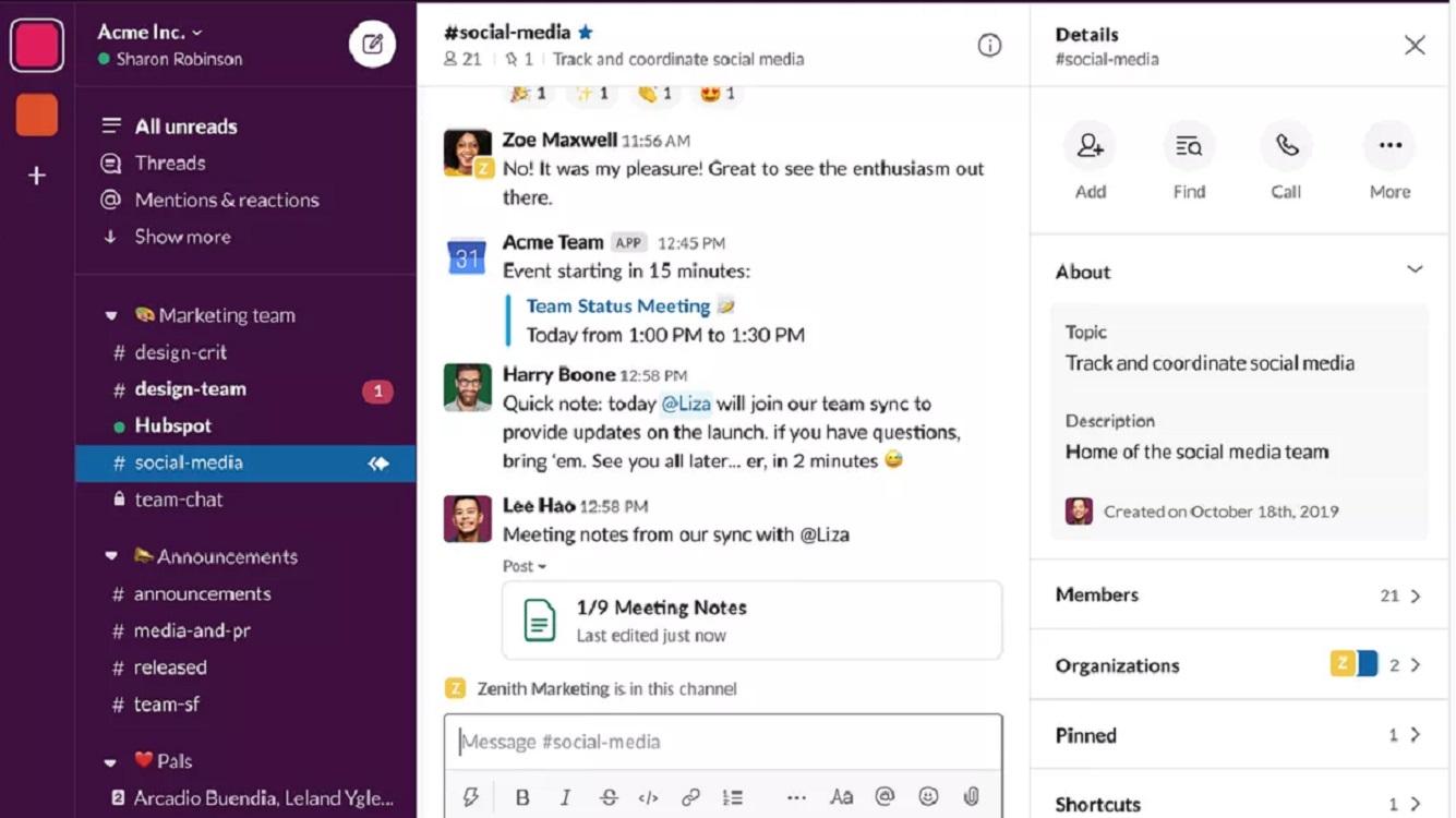 Panel de Slack.