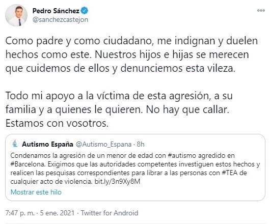 pedro sánchez responde a la brutal agresión de un menor en barcelona