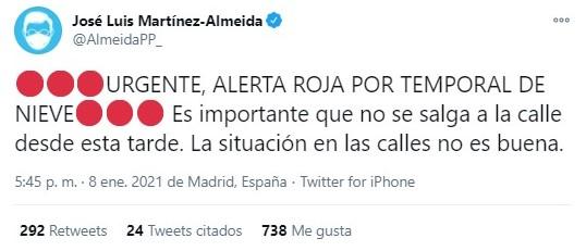 almeida alerta sobre la alerta roja por nieve en madrid