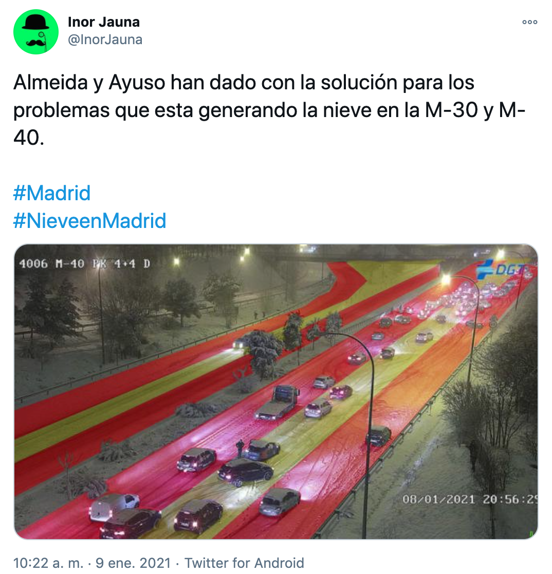 Tuit criticando la gestión de Almeida y Ayuso ante la nevada. Twitter