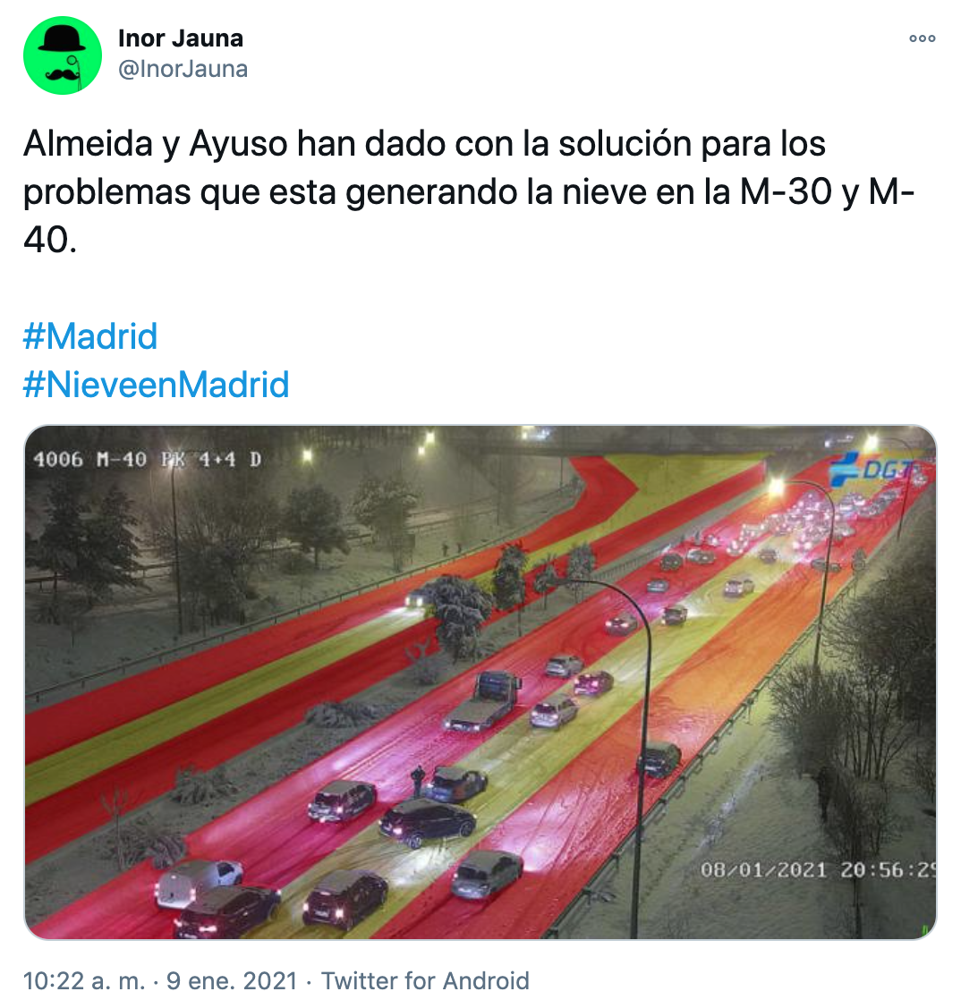 Tuit criticando la gestión de Almeida y Ayuso ante la nevada. Twitter Tuit criticando la gestión de Almeida y Ayuso ante la nevada. Twitter