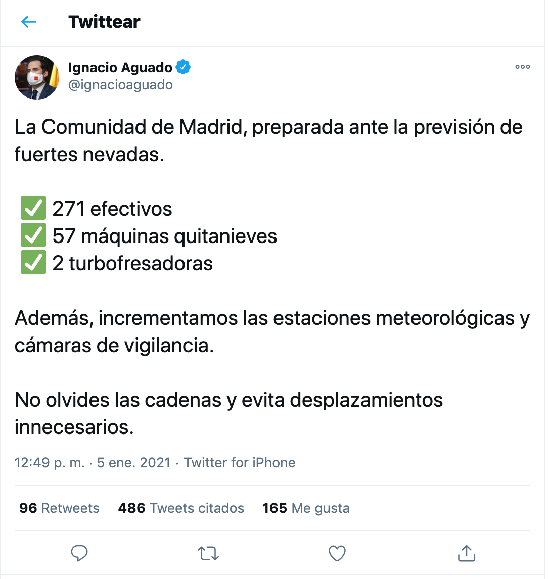 Tuit de Ignacio Aguado sobre la nevada en Madrid. Twitter