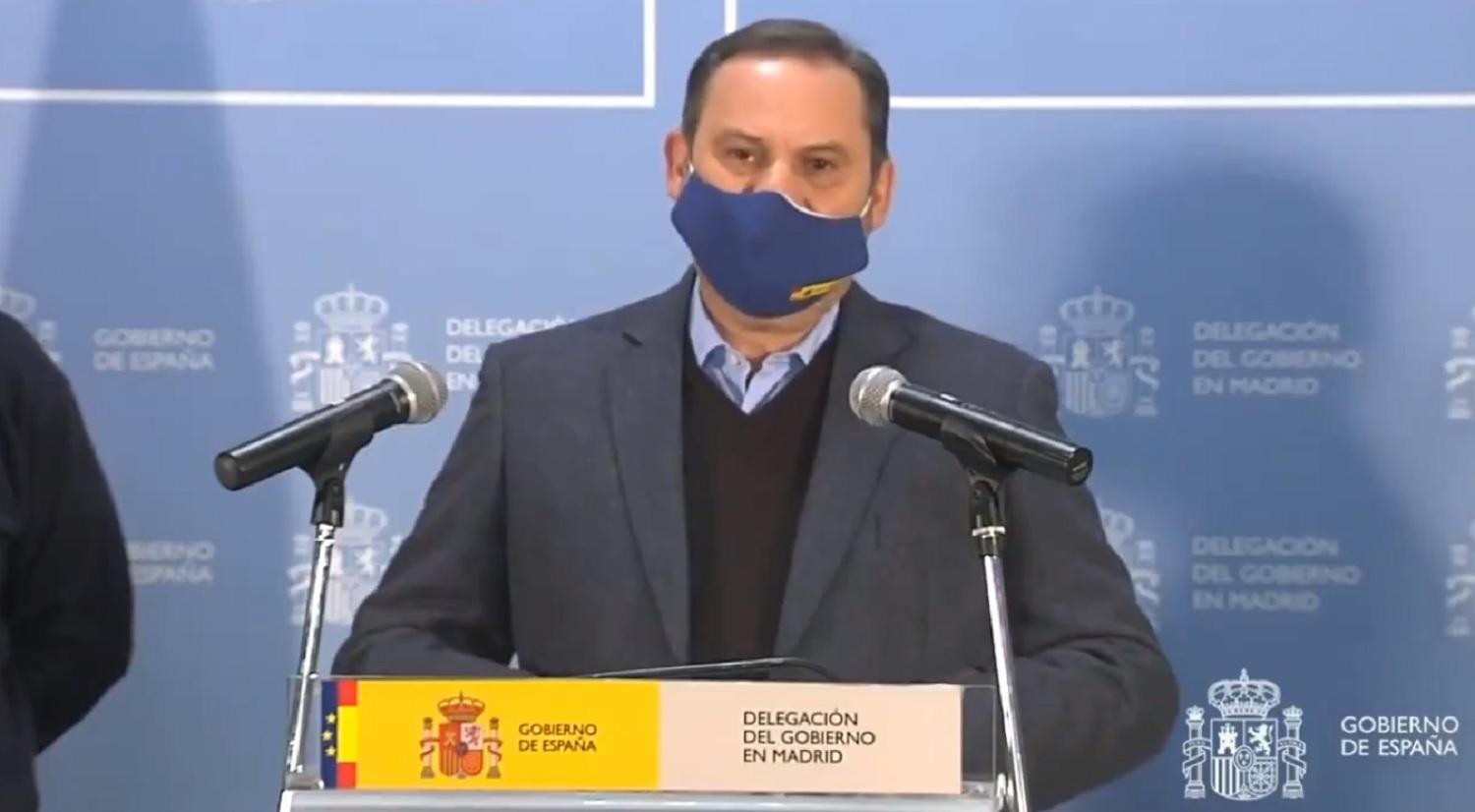 José Luis Ábalos durante rueda de prensa desde la Delegación del Gobierno en Madrid para actualizar datos sobre los efectos de la borrasca 'Filomena'.