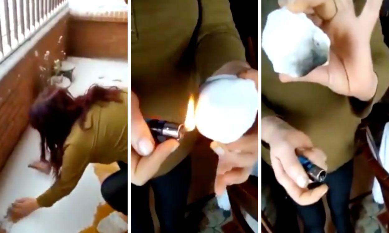 Capturas de la mujer quemando la bola de nieve y señalando que "es plástico"