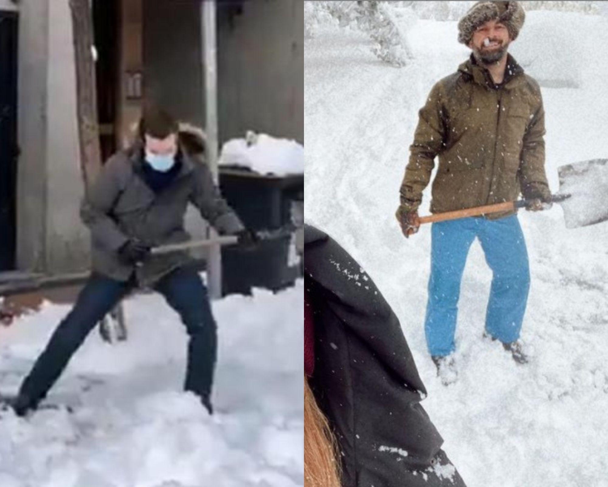 Pablo Casado y Santiago Abascal recogiendo la nieve que ha dejado Filomena.