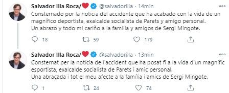 Mensaje de Salvador Illa por la muete de Sergi Mingote Mensaje de Salvador Illa por la muete de Sergi Mingote