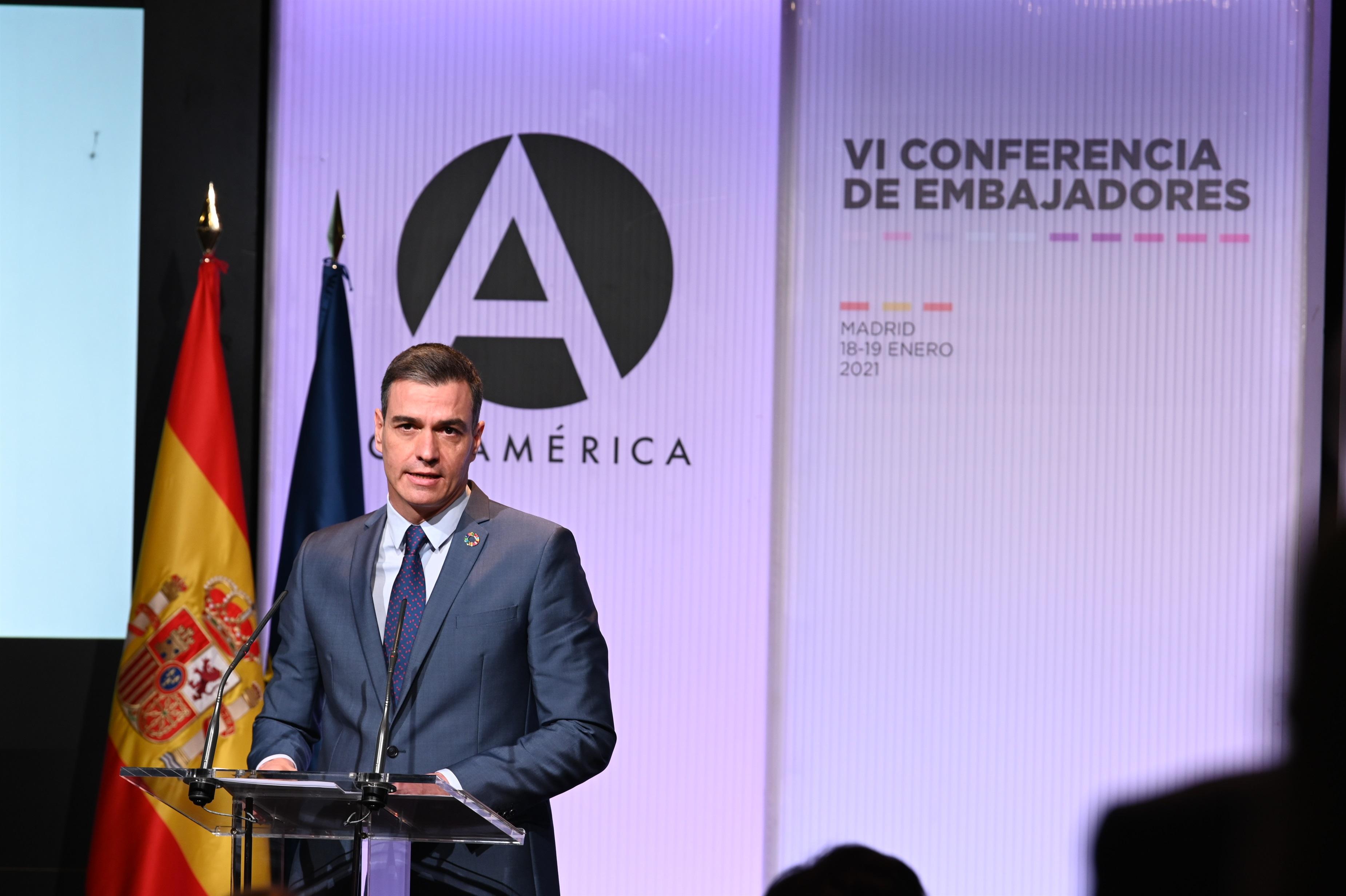 El presidente del Gobierno, Pedro Sánchez, interviene en la Conferencia de Embajadores. Europa Press. 