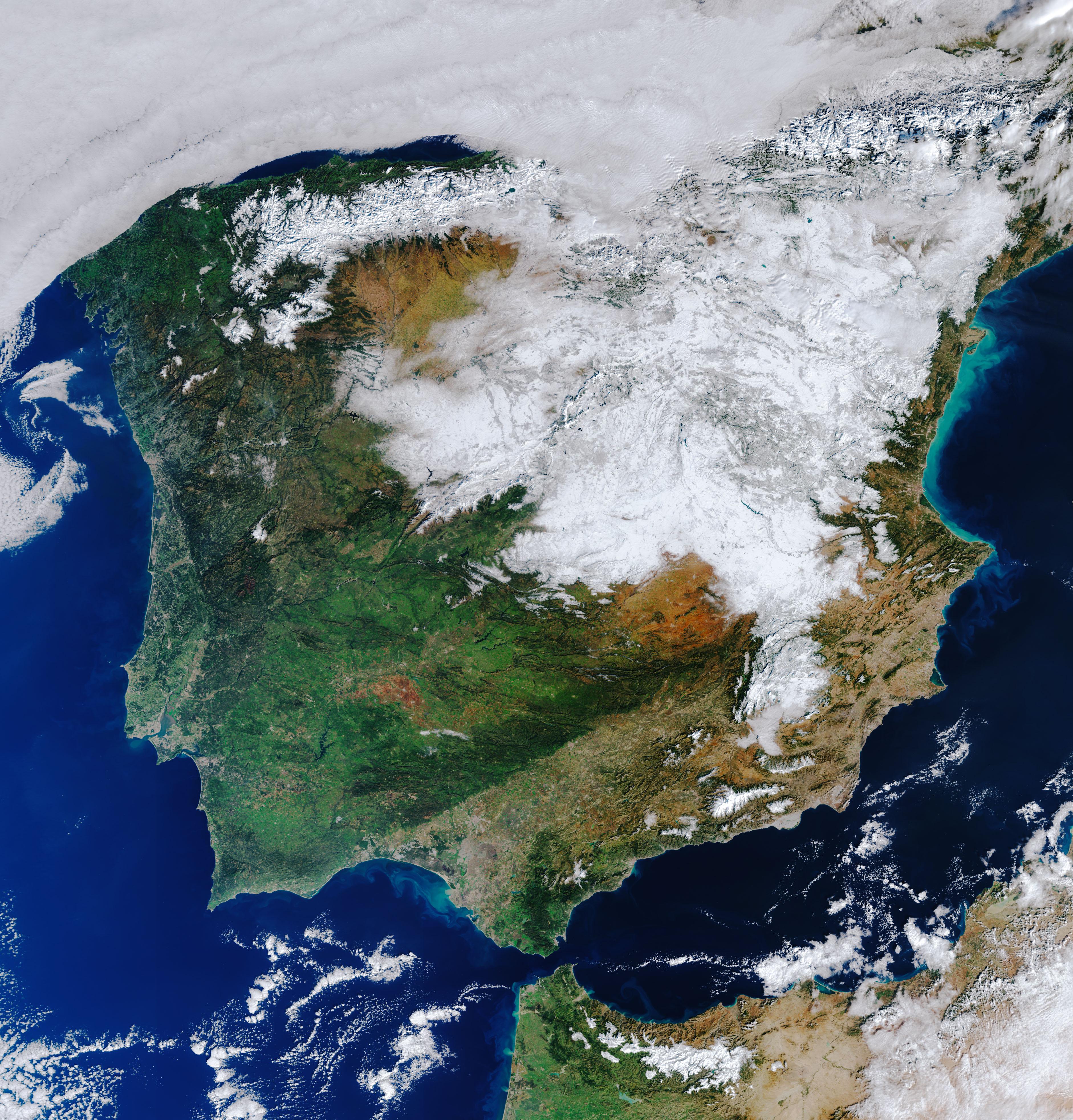 La nieve dejada por Filomena a su paso por la península, vista por el Sentinnel-3. Imagen: Agencia Espacial Europea