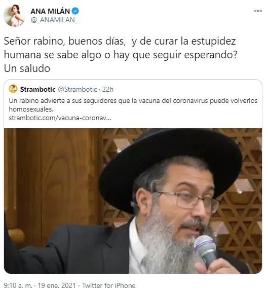 Ana Milán reacciona a las polémicas declaraciones del rabino ultraortodoxo Ana Milán reacciona a las polémicas declaraciones del rabino ultraortodoxo