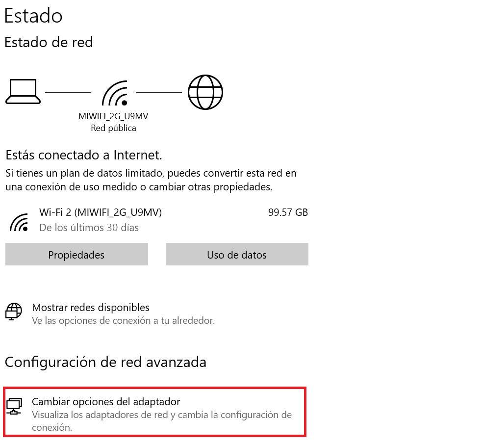 cambiar opciones adaptador