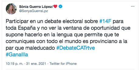 Tuit Sonia Guerra PSC sobre el debate TVE