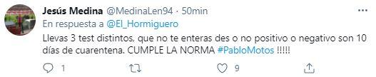 Tuit a Pablo Motos por la cuarentena Tuit a Pablo Motos por la cuarentena