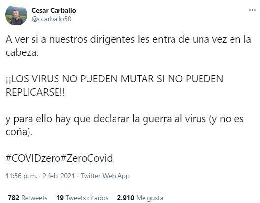 Tuit César Carballo sobre el coronavirus