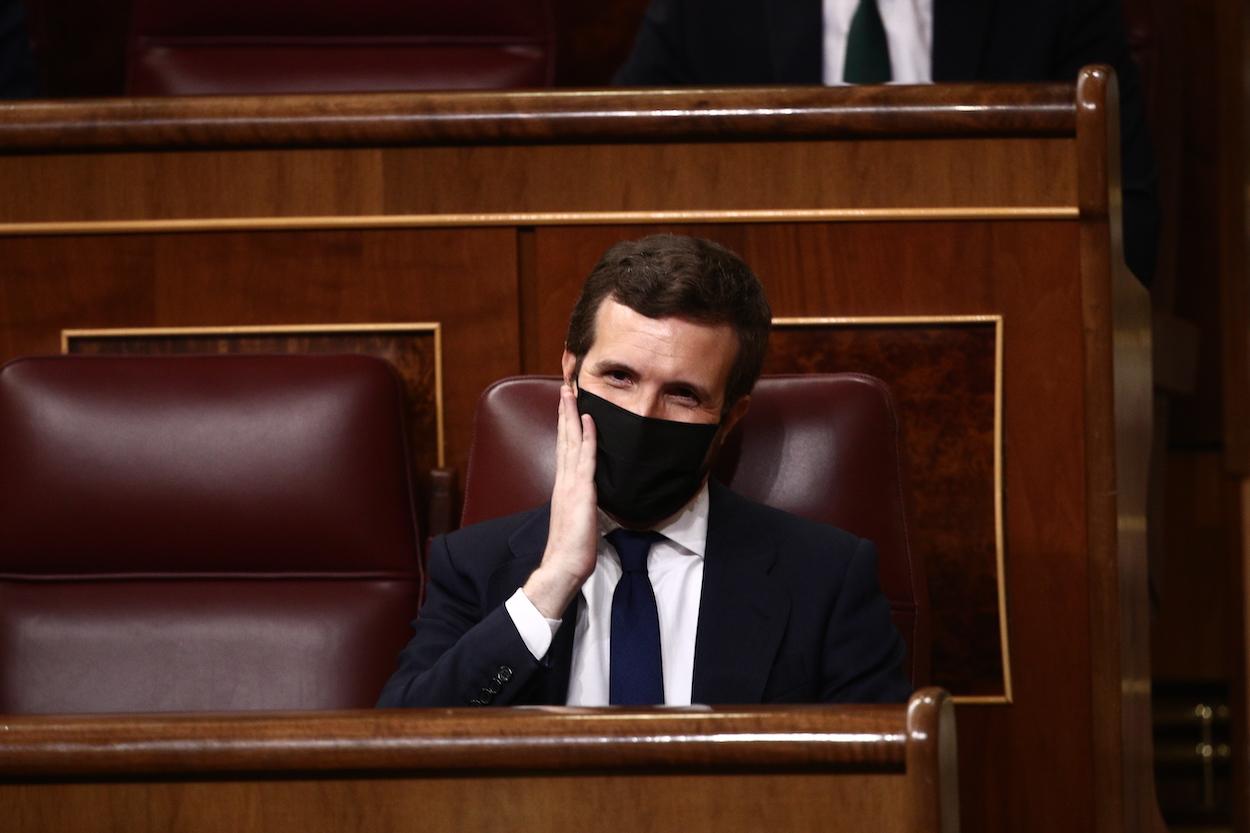 El presidente del PP, Pablo Casado, durante una sesión de control al Gobierno