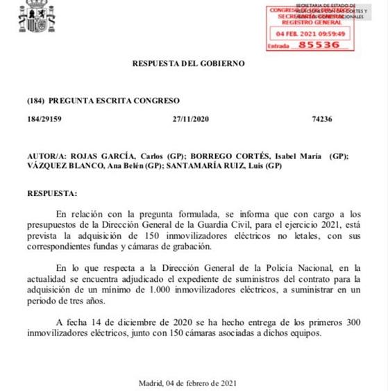 Respuesta parlamentaria compra de taser para la Guardia Civil y la Policía Nacional