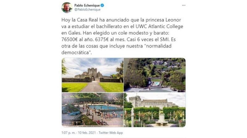 Pablo Echenique critica el nuevo colegio de la princesa Leonor