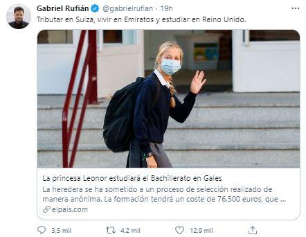 Captura del tuit de Gabriel Rufián sobre el bachillerato de la Princesa Leonor